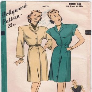 Uncut 1940s Hollywood Pattern Dress S Notched Collar 2 Sleeves Front Buttons FF